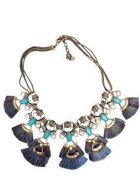 Stella & Dot Gray Tassel Necklace with Turquoise Accents